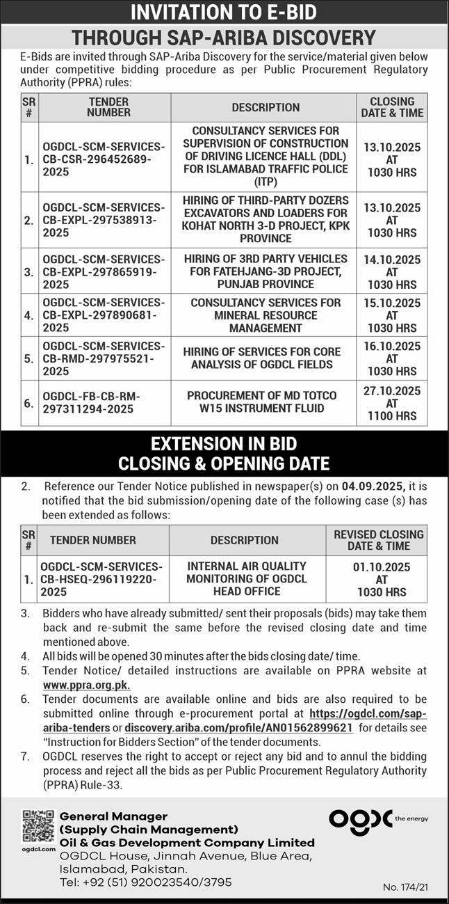 Oil & Gas Development Company Limited Islamabad Tender Notice